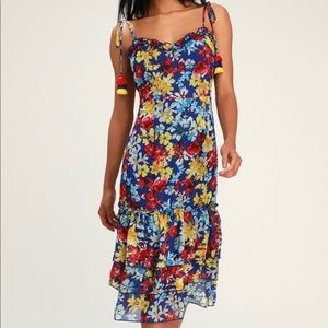 Vacay Blue Floral Print Tie-Strap Midi Dress